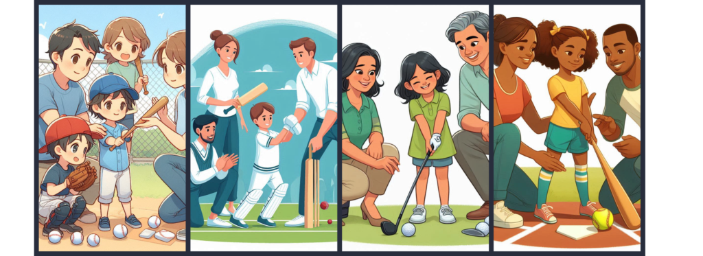 Parents teaching their children how to play baseball, cricket, golf, and softball