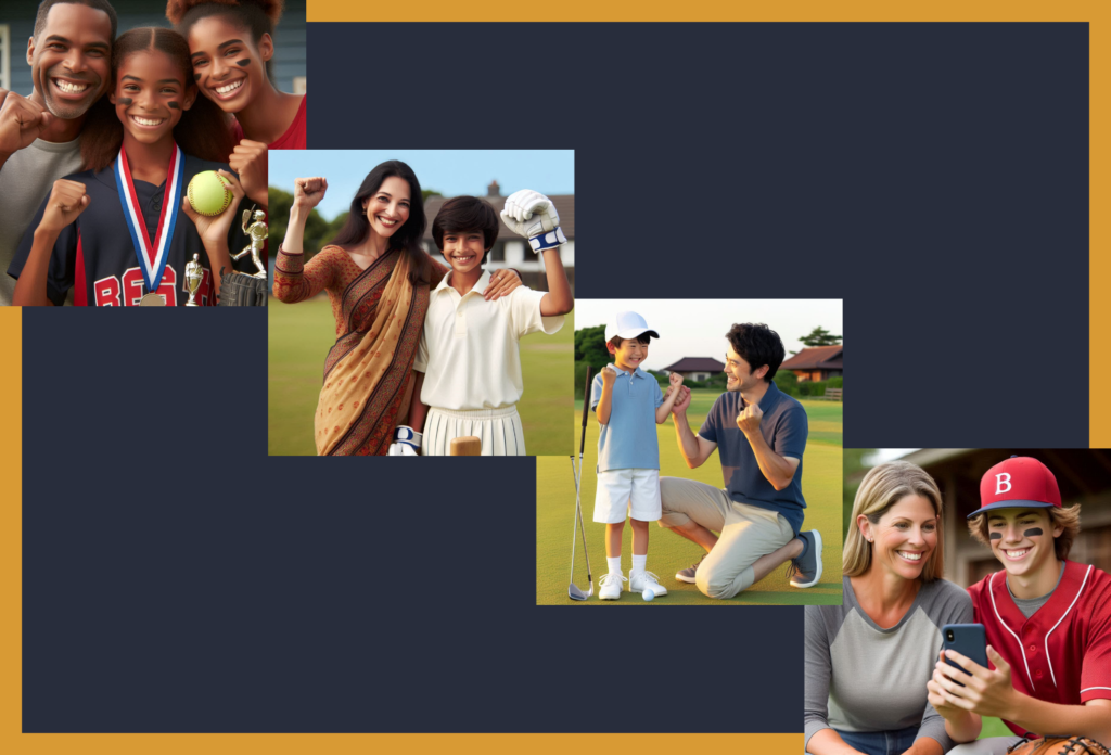 Parents celebrating with their children playing softball, cricket, golf, and baseball